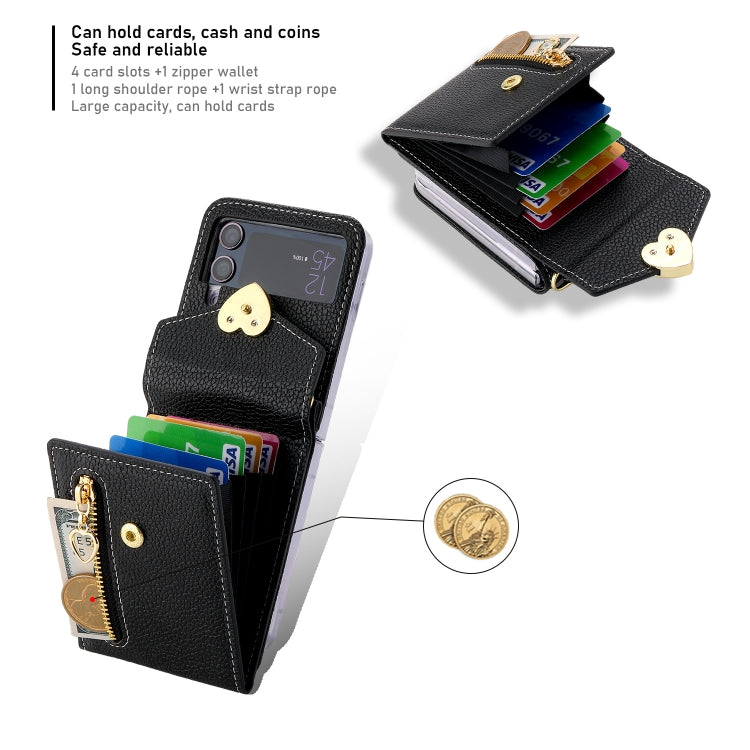 For Samsung Galaxy Z Flip4 POLA Litchi Texture Love Buckle Multi-Card Slots Zipper Wallet Phone Case(Black) - Galaxy Z Flip4 5G Cases by POLA | Online Shopping UK | buy2fix