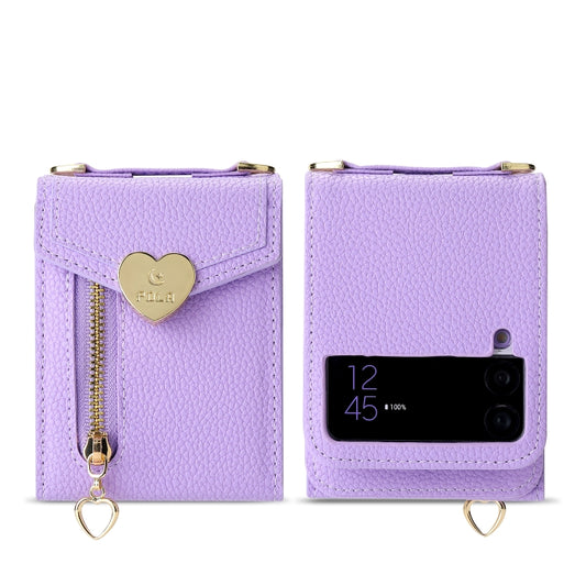 For Samsung Galaxy Z Flip3 5G POLA Litchi Texture Love Buckle Multi-Card Slots Zipper Wallet Phone Case(Purple) - Galaxy Phone Cases by POLA | Online Shopping UK | buy2fix