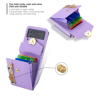 For Samsung Galaxy Z Flip3 5G POLA Litchi Texture Love Buckle Multi-Card Slots Zipper Wallet Phone Case(Purple) - Galaxy Phone Cases by POLA | Online Shopping UK | buy2fix