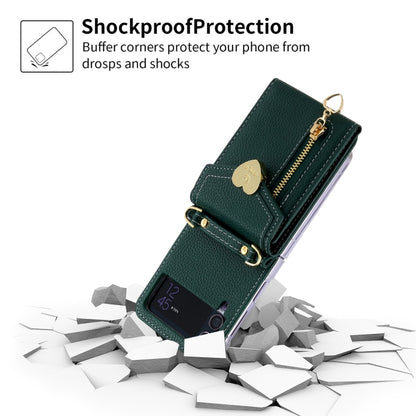 For Samsung Galaxy Z Flip3 5G POLA Litchi Texture Love Buckle Multi-Card Slots Zipper Wallet Phone Case(Green) - Galaxy Phone Cases by POLA | Online Shopping UK | buy2fix