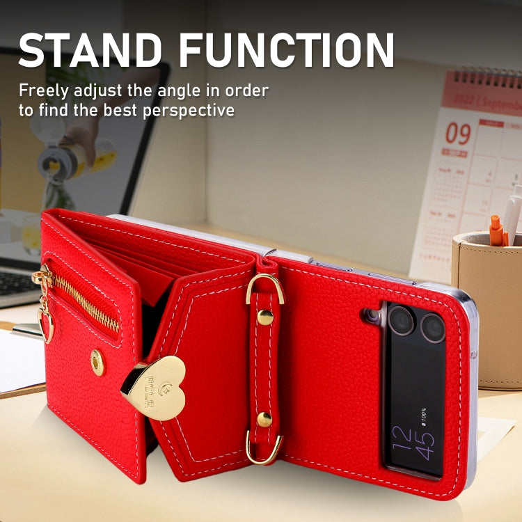 For Samsung Galaxy Z Flip3 5G POLA Litchi Texture Love Buckle Multi-Card Slots Zipper Wallet Phone Case(Red) - Galaxy Phone Cases by POLA | Online Shopping UK | buy2fix