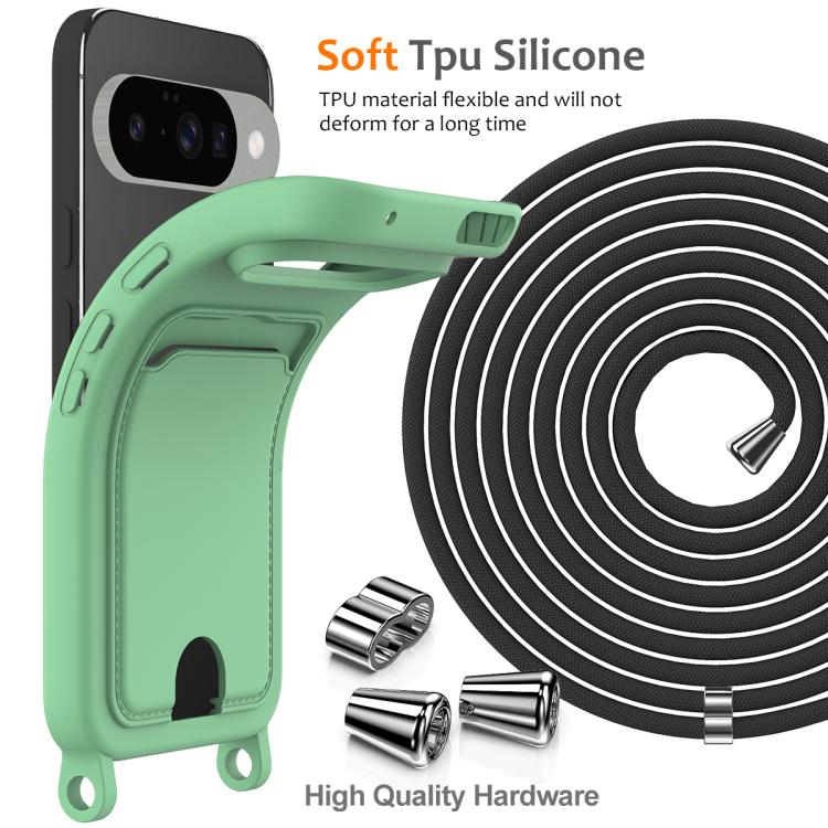 For Google Pixel 10 Integrated Card Bag Solid Color Liquid Silicone Phone Case with Lanyard(Green) - Google Cases by buy2fix | Online Shopping UK | buy2fix