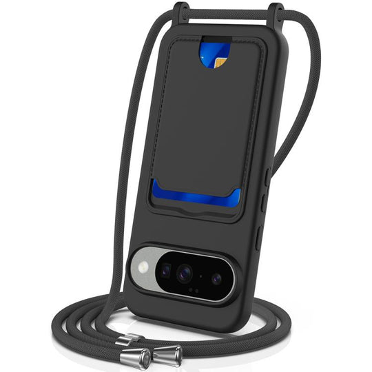 For Google Pixel 10 Integrated Card Bag Solid Color Liquid Silicone Phone Case with Lanyard(Black)