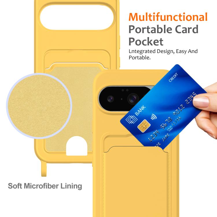For Google Pixel 10 Integrated Card Bag Solid Color Liquid Silicone Phone Case with Lanyard(Yellow) - Google Cases by buy2fix | Online Shopping UK | buy2fix