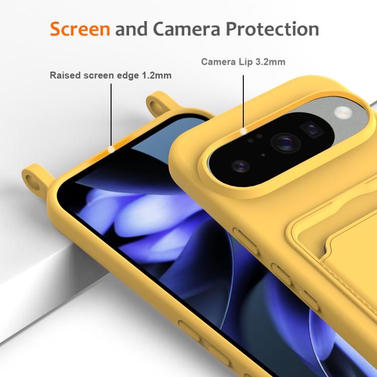 For Google Pixel 10 Integrated Card Bag Solid Color Liquid Silicone Phone Case with Lanyard(Yellow) - Google Cases by buy2fix | Online Shopping UK | buy2fix