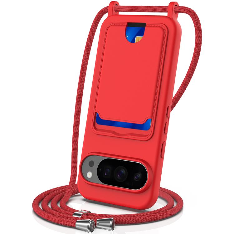 For Google Pixel 10 Pro Integrated Card Bag Solid Color Liquid Silicone Phone Case with Lanyard(Red) - Google Cases by buy2fix | Online Shopping UK | buy2fix