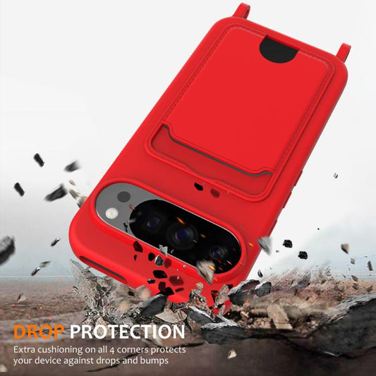 For Google Pixel 10 Pro Integrated Card Bag Solid Color Liquid Silicone Phone Case with Lanyard(Red) - Google Cases by buy2fix | Online Shopping UK | buy2fix