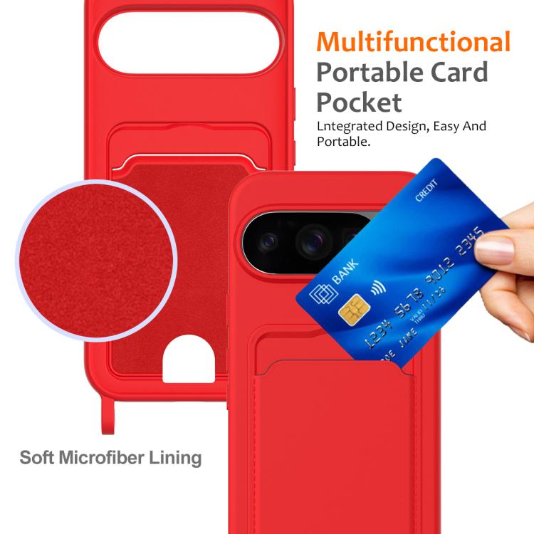 For Google Pixel 10 Pro Integrated Card Bag Solid Color Liquid Silicone Phone Case with Lanyard(Red) - Google Cases by buy2fix | Online Shopping UK | buy2fix