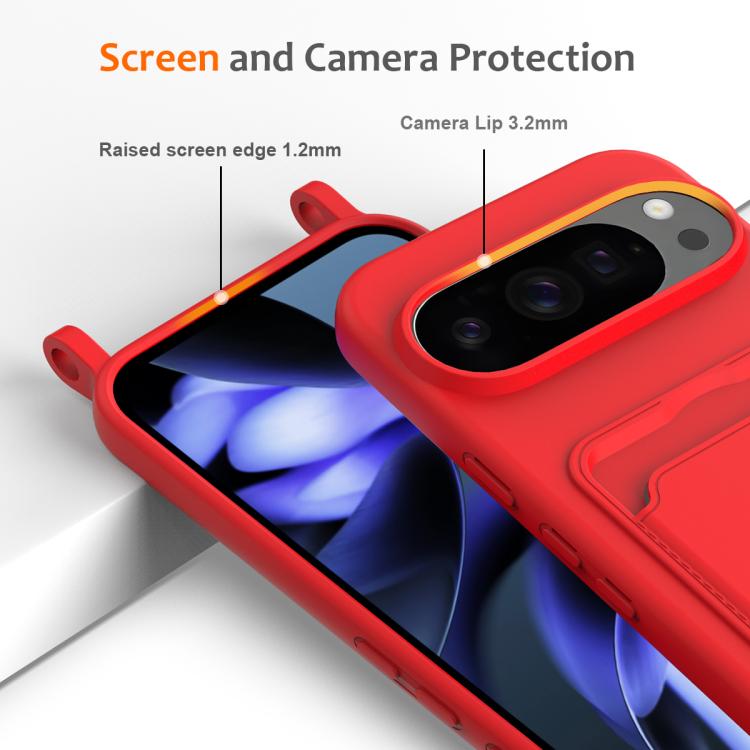 For Google Pixel 10 Pro Integrated Card Bag Solid Color Liquid Silicone Phone Case with Lanyard(Red) - Google Cases by buy2fix | Online Shopping UK | buy2fix
