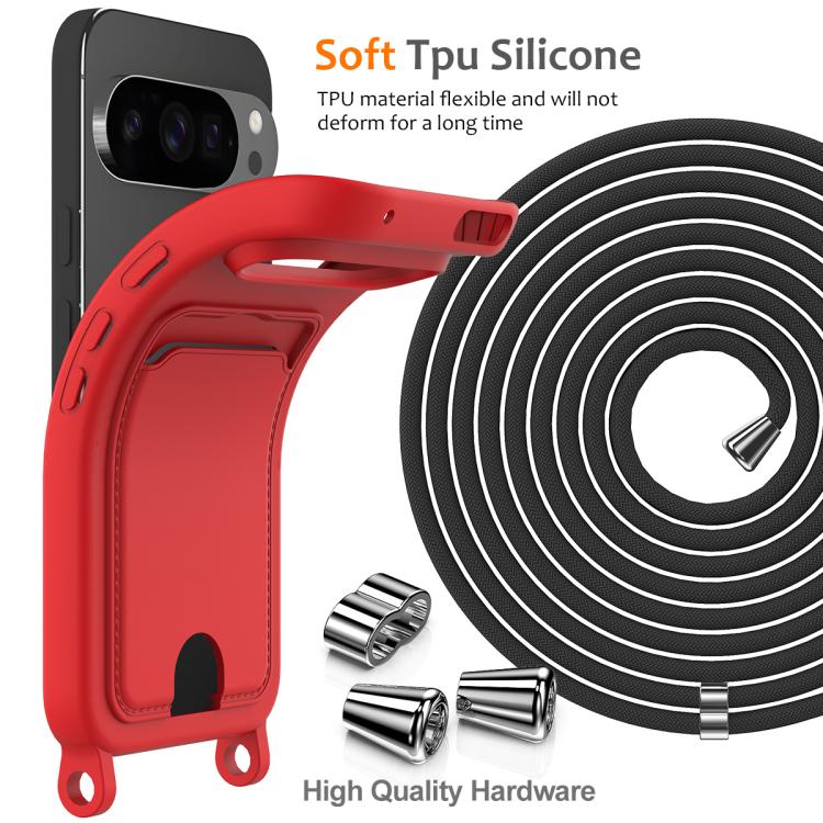 For Google Pixel 10 Pro Integrated Card Bag Solid Color Liquid Silicone Phone Case with Lanyard(Red) - Google Cases by buy2fix | Online Shopping UK | buy2fix