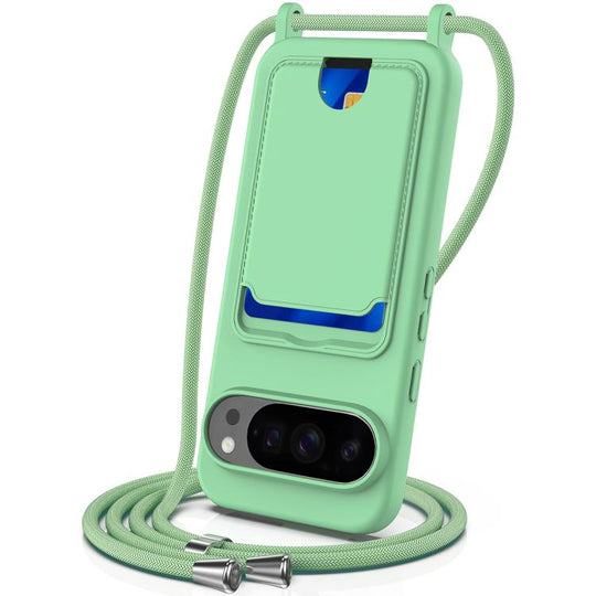 For Google Pixel 10 Pro Integrated Card Bag Solid Color Liquid Silicone Phone Case with Lanyard(Green)
