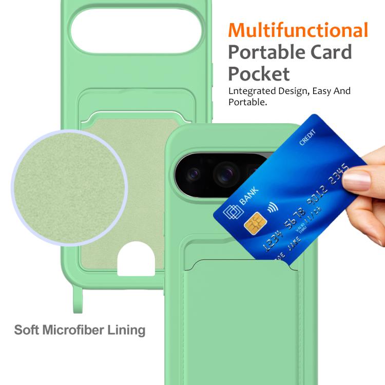 For Google Pixel 10 Pro Integrated Card Bag Solid Color Liquid Silicone Phone Case with Lanyard(Green) - Google Cases by buy2fix | Online Shopping UK | buy2fix
