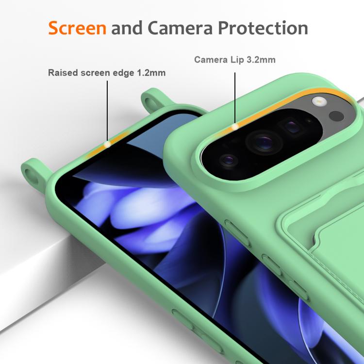 For Google Pixel 10 Pro Integrated Card Bag Solid Color Liquid Silicone Phone Case with Lanyard(Green) - Google Cases by buy2fix | Online Shopping UK | buy2fix