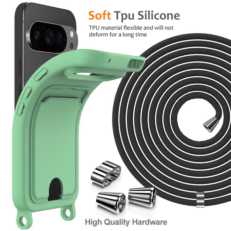 For Google Pixel 10 Pro Integrated Card Bag Solid Color Liquid Silicone Phone Case with Lanyard(Green) - Google Cases by buy2fix | Online Shopping UK | buy2fix