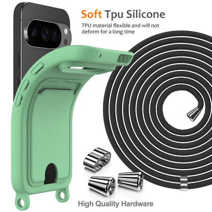 For Google Pixel 10 Pro Integrated Card Bag Solid Color Liquid Silicone Phone Case with Lanyard(Green) - Google Cases by buy2fix | Online Shopping UK | buy2fix