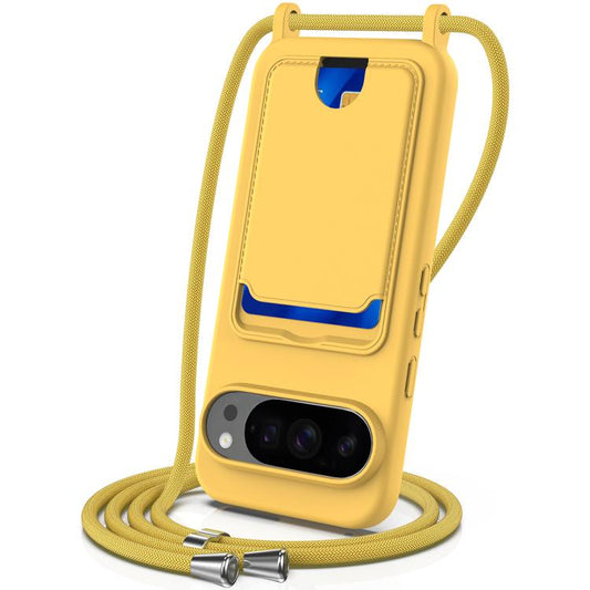 For Google Pixel 10 Pro Integrated Card Bag Solid Color Liquid Silicone Phone Case with Lanyard(Yellow) - Google Cases by buy2fix | Online Shopping UK | buy2fix