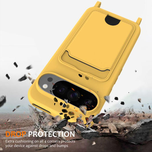 For Google Pixel 10 Pro Integrated Card Bag Solid Color Liquid Silicone Phone Case with Lanyard(Yellow) - Google Cases by buy2fix | Online Shopping UK | buy2fix