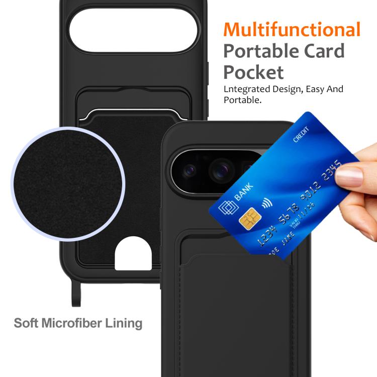 For Google Pixel 10 Pro XL Integrated Card Bag Solid Color Liquid Silicone Phone Case with Lanyard(Black) - Google Cases by buy2fix | Online Shopping UK | buy2fix