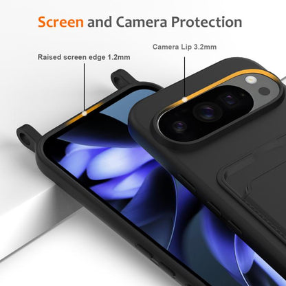 For Google Pixel 10 Pro XL Integrated Card Bag Solid Color Liquid Silicone Phone Case with Lanyard(Black) - Google Cases by buy2fix | Online Shopping UK | buy2fix