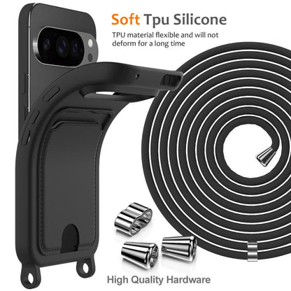 For Google Pixel 10 Pro XL Integrated Card Bag Solid Color Liquid Silicone Phone Case with Lanyard(Black) - Google Cases by buy2fix | Online Shopping UK | buy2fix