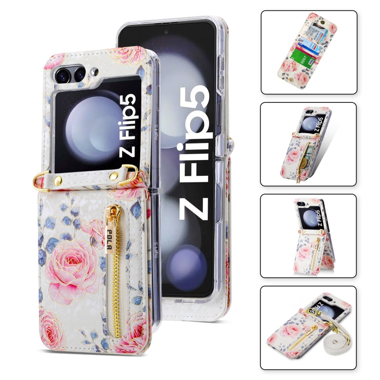 For Samsung Galaxy Z Flip5 POLA Rose Pattern Multi-Card Slots Zipper Wallet Phone Case(White) - Galaxy Z Flip5 Cases by POLA | Online Shopping UK | buy2fix
