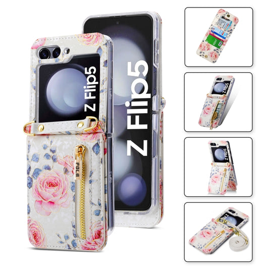 For Samsung Galaxy Z Flip5 POLA Rose Pattern Multi-Card Slots Zipper Wallet Phone Case(White) - Galaxy Z Flip5 Cases by POLA | Online Shopping UK | buy2fix