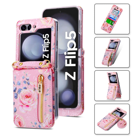 For Samsung Galaxy Z Flip5 POLA Rose Pattern Multi-Card Slots Zipper Wallet Phone Case(Pink) - Galaxy Z Flip5 Cases by POLA | Online Shopping UK | buy2fix