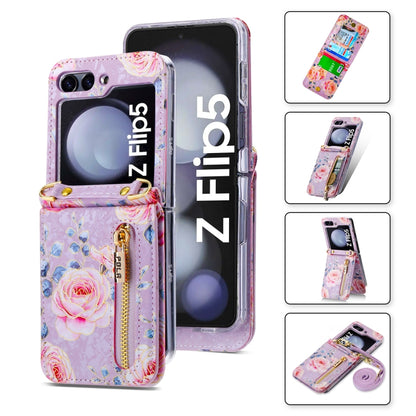 For Samsung Galaxy Z Flip5 POLA Rose Pattern Multi-Card Slots Zipper Wallet Phone Case(Purple) - Galaxy Z Flip5 Cases by POLA | Online Shopping UK | buy2fix