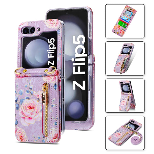 For Samsung Galaxy Z Flip5 POLA Rose Pattern Multi-Card Slots Zipper Wallet Phone Case(Purple) - Galaxy Z Flip5 Cases by POLA | Online Shopping UK | buy2fix