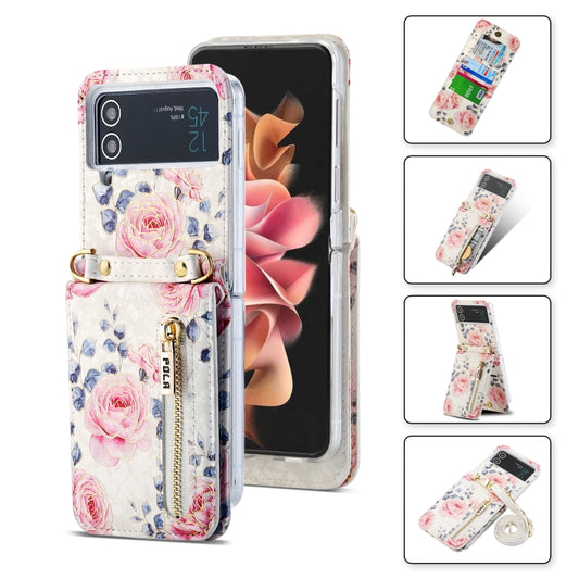 For Samsung Galaxy Z Flip4 POLA Rose Pattern Multi-Card Slots Zipper Wallet Phone Case(White) - Galaxy Z Flip4 5G Cases by POLA | Online Shopping UK | buy2fix