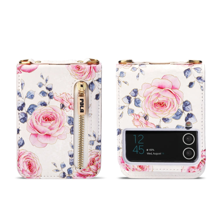 For Samsung Galaxy Z Flip4 POLA Rose Pattern Multi-Card Slots Zipper Wallet Phone Case(White) - Galaxy Z Flip4 5G Cases by POLA | Online Shopping UK | buy2fix