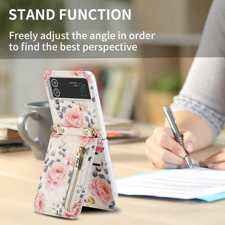 For Samsung Galaxy Z Flip4 POLA Rose Pattern Multi-Card Slots Zipper Wallet Phone Case(White) - Galaxy Z Flip4 5G Cases by POLA | Online Shopping UK | buy2fix