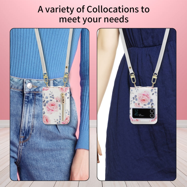 For Samsung Galaxy Z Flip4 POLA Rose Pattern Multi-Card Slots Zipper Wallet Phone Case(White) - Galaxy Z Flip4 5G Cases by POLA | Online Shopping UK | buy2fix