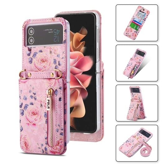 For Samsung Galaxy Z Flip4 POLA Rose Pattern Multi-Card Slots Zipper Wallet Phone Case(Pink) - Galaxy Z Flip4 5G Cases by POLA | Online Shopping UK | buy2fix