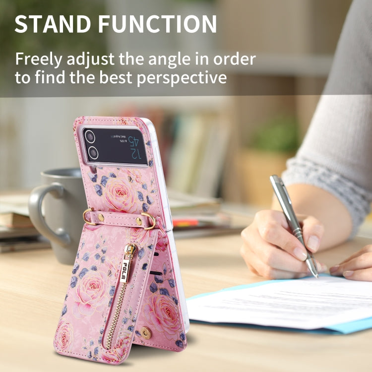 For Samsung Galaxy Z Flip4 POLA Rose Pattern Multi-Card Slots Zipper Wallet Phone Case(Pink) - Galaxy Z Flip4 5G Cases by POLA | Online Shopping UK | buy2fix