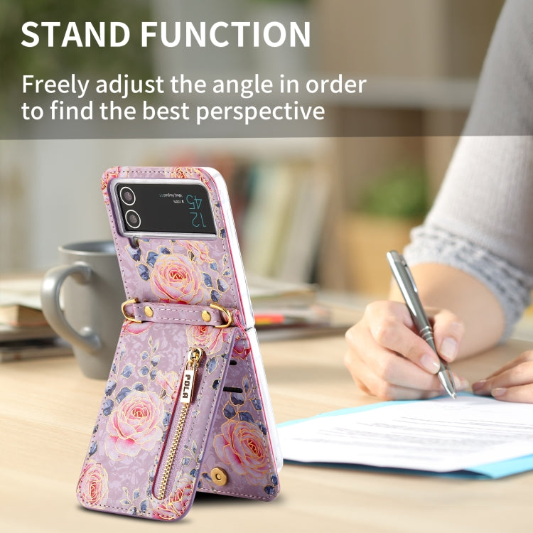 For Samsung Galaxy Z Flip4 POLA Rose Pattern Multi-Card Slots Zipper Wallet Phone Case(Purple) - Galaxy Z Flip4 5G Cases by POLA | Online Shopping UK | buy2fix