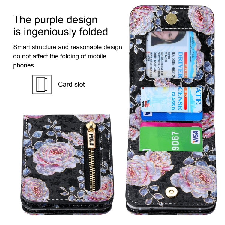 For Samsung Galaxy Z Flip4 POLA Rose Pattern Multi-Card Slots Zipper Wallet Phone Case(Black) - Galaxy Z Flip4 5G Cases by POLA | Online Shopping UK | buy2fix