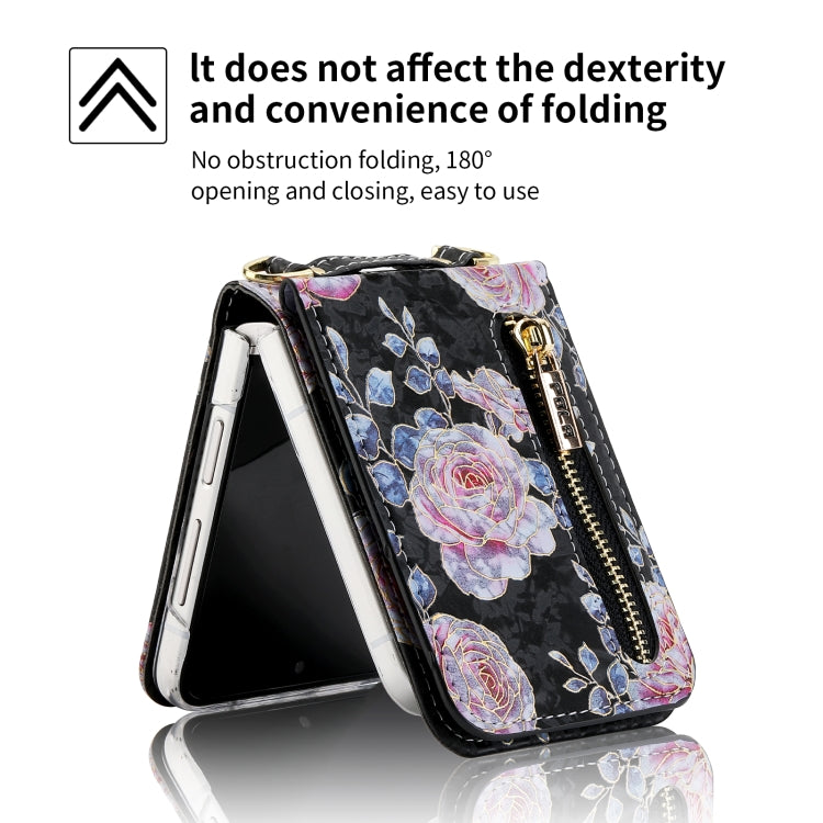 For Samsung Galaxy Z Flip4 POLA Rose Pattern Multi-Card Slots Zipper Wallet Phone Case(Black) - Galaxy Z Flip4 5G Cases by POLA | Online Shopping UK | buy2fix