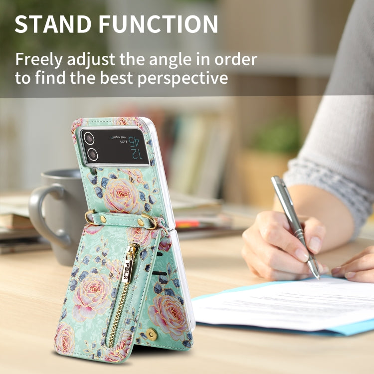 For Samsung Galaxy Z Flip4 POLA Rose Pattern Multi-Card Slots Zipper Wallet Phone Case(Cyan) - Galaxy Z Flip4 5G Cases by POLA | Online Shopping UK | buy2fix
