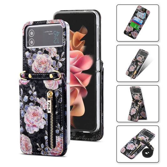 For Samsung Galaxy Z Flip3 5G POLA Rose Pattern Multi-Card Slots Zipper Wallet Phone Case(Black) - Galaxy Phone Cases by POLA | Online Shopping UK | buy2fix