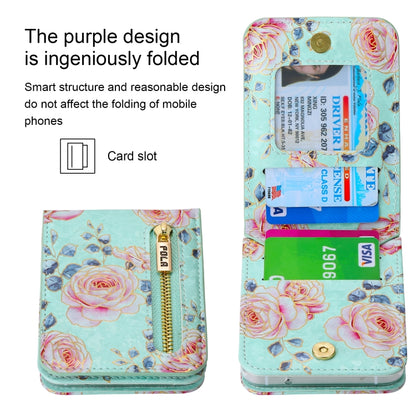 For Samsung Galaxy Z Flip3 5G POLA Rose Pattern Multi-Card Slots Zipper Wallet Phone Case(Cyan) - Galaxy Phone Cases by POLA | Online Shopping UK | buy2fix