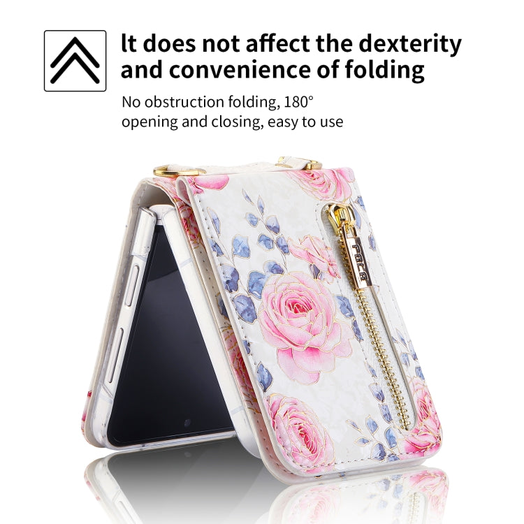 For Samsung Galaxy Z Flip6 / Flip7 FE POLA Rose Pattern Multi-Card Slots Zipper Wallet Phone Case(White) - Galaxy Z Flip6 5G Cases by POLA | Online Shopping UK | buy2fix