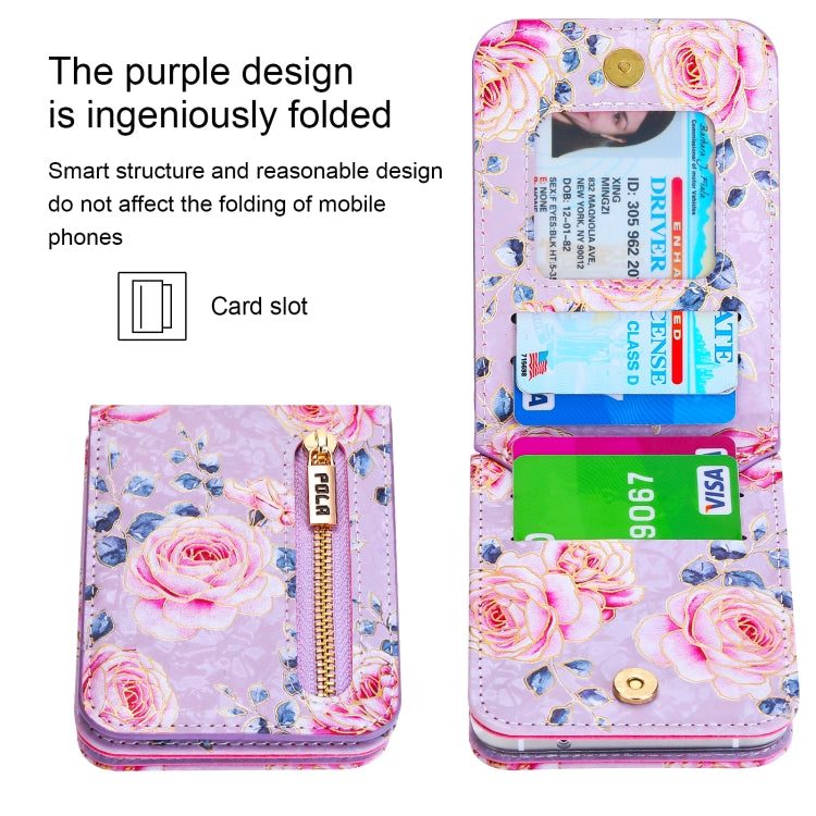 For Samsung Galaxy Z Flip6 / Flip7 FE POLA Rose Pattern Multi-Card Slots Zipper Wallet Phone Case(Purple) - Galaxy Z Flip6 5G Cases by POLA | Online Shopping UK | buy2fix