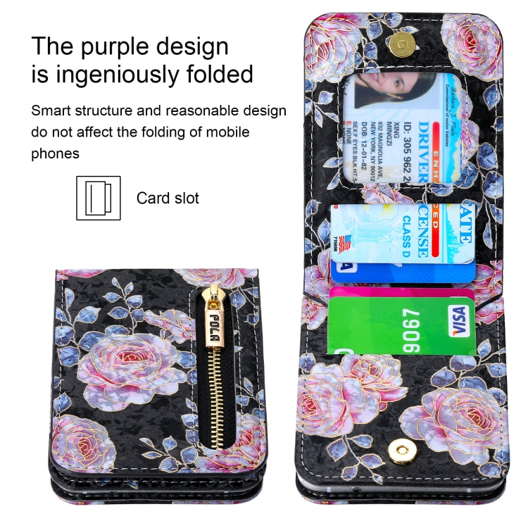 For Samsung Galaxy Z Flip6 / Flip7 FE POLA Rose Pattern Multi-Card Slots Zipper Wallet Phone Case(Black) - Galaxy Z Flip6 5G Cases by POLA | Online Shopping UK | buy2fix