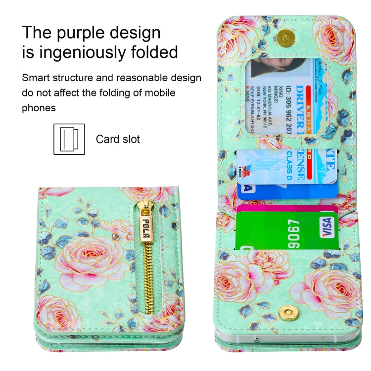 For Samsung Galaxy Z Flip6 / Flip7 FE POLA Rose Pattern Multi-Card Slots Zipper Wallet Phone Case(Cyan) - Galaxy Z Flip6 5G Cases by POLA | Online Shopping UK | buy2fix