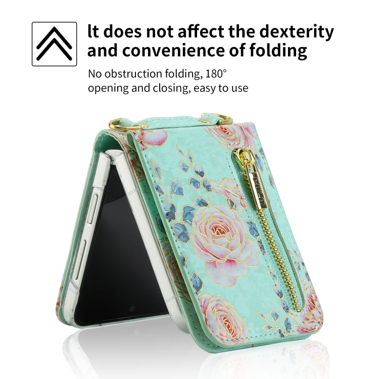 For Samsung Galaxy Z Flip6 / Flip7 FE POLA Rose Pattern Multi-Card Slots Zipper Wallet Phone Case(Cyan) - Galaxy Z Flip6 5G Cases by POLA | Online Shopping UK | buy2fix