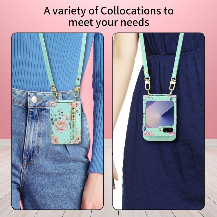 For Samsung Galaxy Z Flip6 / Flip7 FE POLA Rose Pattern Multi-Card Slots Zipper Wallet Phone Case(Cyan) - Galaxy Z Flip6 5G Cases by POLA | Online Shopping UK | buy2fix