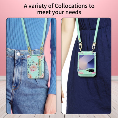 For Samsung Galaxy Z Flip6 / Flip7 FE POLA Rose Pattern Multi-Card Slots Zipper Wallet Phone Case(Cyan) - Galaxy Z Flip6 5G Cases by POLA | Online Shopping UK | buy2fix