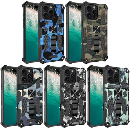 For iPhone 16 Pro Camouflage Armor Kickstand TPU + PC Magnetic Phone Case(Blue) - iPhone 16 Pro Cases by buy2fix | Online Shopping UK | buy2fix