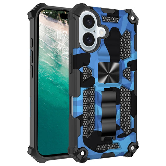 For iPhone 16 Plus Camouflage Armor Kickstand TPU + PC Magnetic Phone Case(Blue) - iPhone 16 Plus Cases by buy2fix | Online Shopping UK | buy2fix
